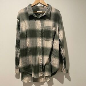 AVA & VIV 2X Plaid‎ Flannel Shirt Long Sleeve Green Beige Button Down
